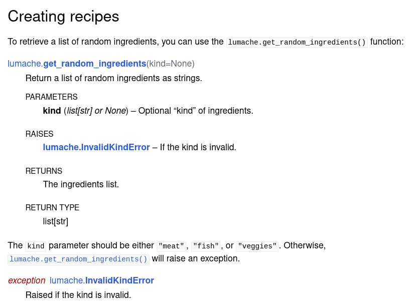 HTML result of documenting a Python function in Sphinx with cross-references